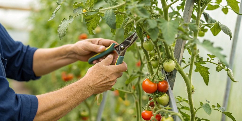 Gardener pruning tomato plant step-by-step to increase yield and achieve bigger harvests.