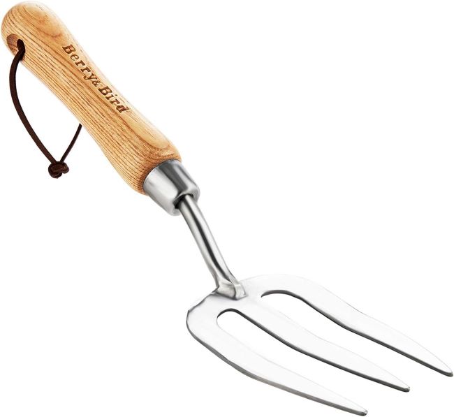 Berry&Bird stainless steel hand fork with ash wood handle for traditional gardening, digging, and weed removal