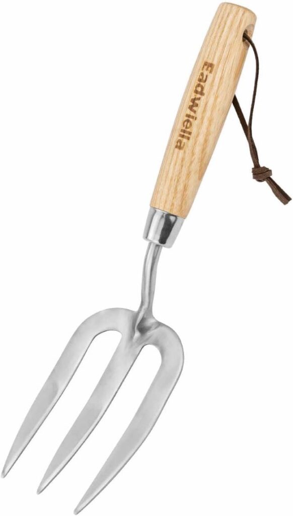 Eadwiella small 3-tine garden fork with wooden handle for weeding, aerating soil, and planting tasks
