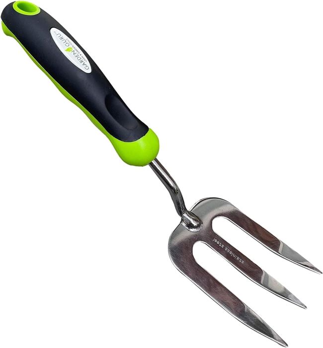 Garden Guru stainless steel hand weeder fork with ergonomic handle for planting, mulching, and transplanting soil
