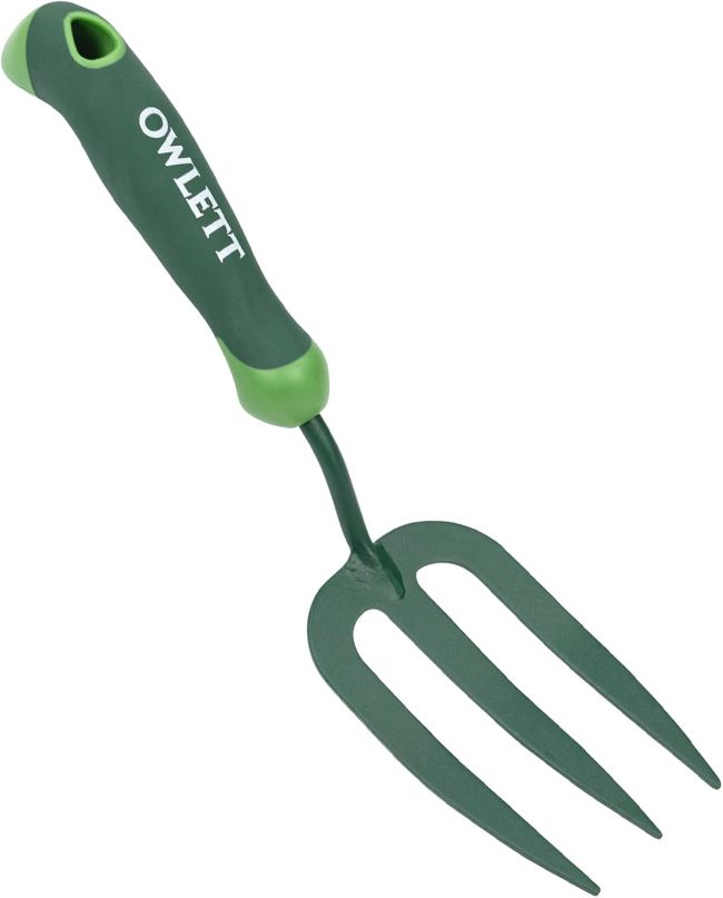 Owlett carbon steel garden hand fork with ergonomic rubber handle for weeding, planting, and soil cultivation