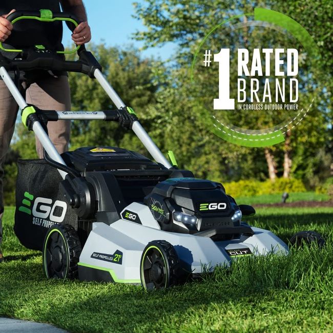 EGO POWER+ electric lawn mower with 56V battery and adjustable cutting height for residential lawn care