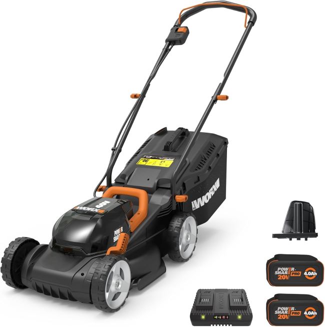 WORX 14-inch cordless lawn mower with dual batteries, adjustable cutting height, and compact design